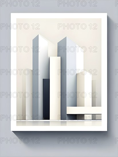 Minimalist architectural composition of modern buildings, with clean angles, rendered in geometric