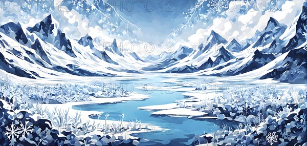 Abstract illustration of dreamy, icy landscape with swirling blues, whites, and silvers, evoking