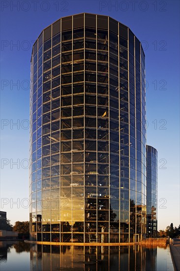 Car towers in the evening for the delivery of new cars on the grounds of the Autostadt, Volkswagen