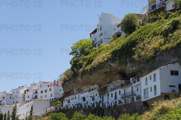 Houses merging into an overgrown rock under a clear blue sky, cave dwellings, Setenil de las