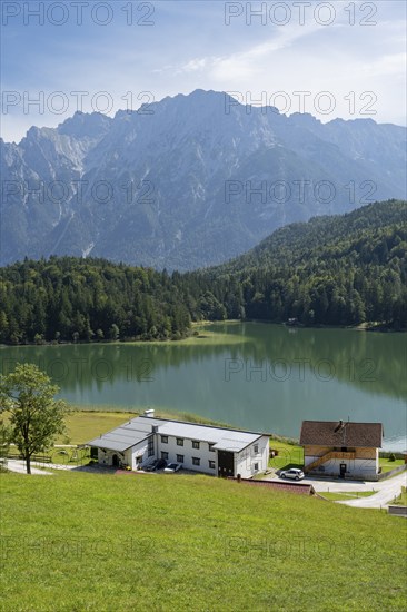 Restaurants at Lautersee, Karwendel Mountains, Alps, Mittenwald, Werdenfelser Land, Upper Bavaria,
