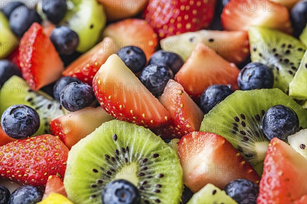 Close up of healthy fruits salad mix with strawberry, blueberry and kiwi. Generative AI, AI