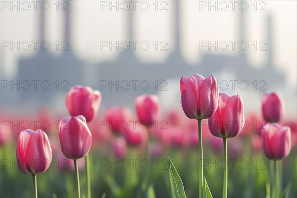Field with pink tulip flowers and factory with grey fumes in background. Generative Ai, AI