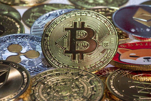 Various cryptocurrencies, symbol coins, optical placeholder for the digital currency, blockchain,