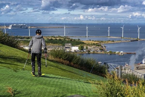 CopenHill, waste incineration plant and artificial ski slope, skiing with a view of the Øresund, 90