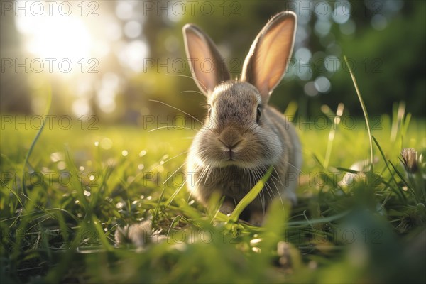 Bunny with large, attentive ears, basking in the golden hour sunlight amidst a lush green field, AI