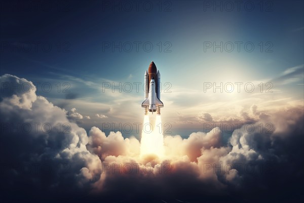 Aerial view of a rocket shuttle carrier launch at sunrise over an ocean coast. The rocket is