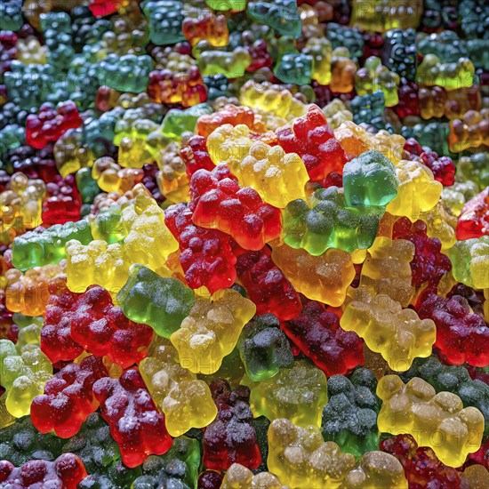 Close-up of many gummy bears creating a colourful pattern, gummy bears, AI generated, AI generated