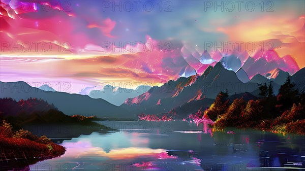 AI generated painting of a surreal landscape with mountains and a lake with digital brush strokes