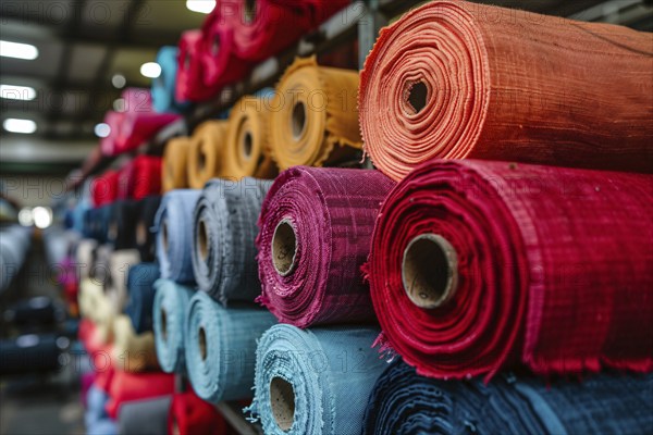 Rolls of fabric in textile factory. KI generiert, generiert, AI generated