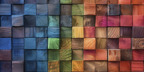 Background with square shaped colorful wooden cubes. Generative AI, AI generated