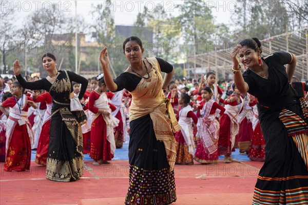 Instructorsdance Bihu, as she teach participants during a Bihu dance workshop, ahead of Rongali