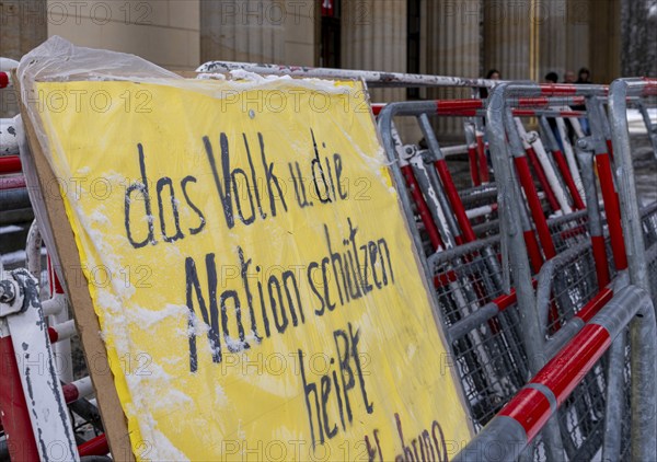 Demonstration, posters and barriers at the Brandenburg Gate, Berlin, Germany, Europe