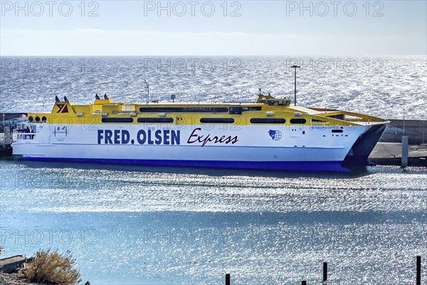 Fast ferry from Fuerteventura to Gran Canaria docked in the harbour of Morro Jable, in the
