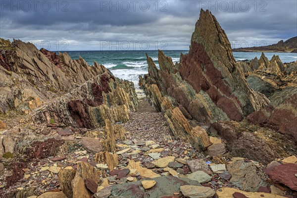 Colourful rocks, rock, coast, sea, waves, cloudy, Varanger Peninsula, Norway, Europe