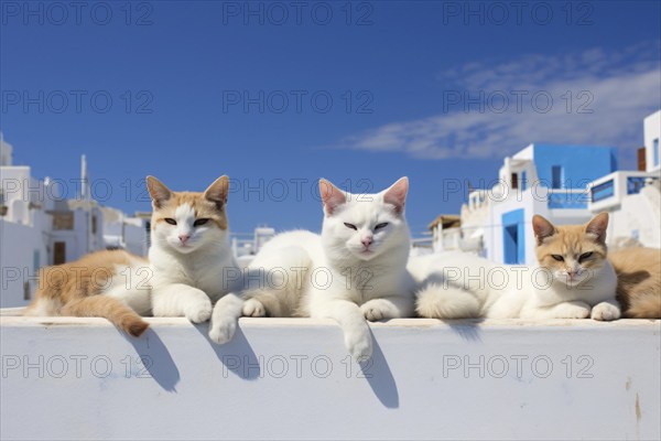 Stray cats relaxing in sun on white buildings with blue sky. KI generiert, generiert KI generiert,