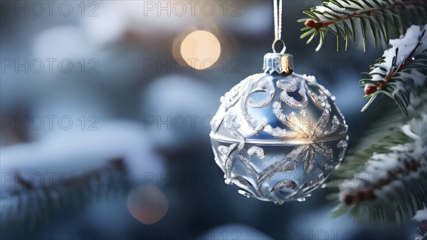 Set of Christmas ornaments hanging on a snow-covered pine tree branch, with frost clinging to the