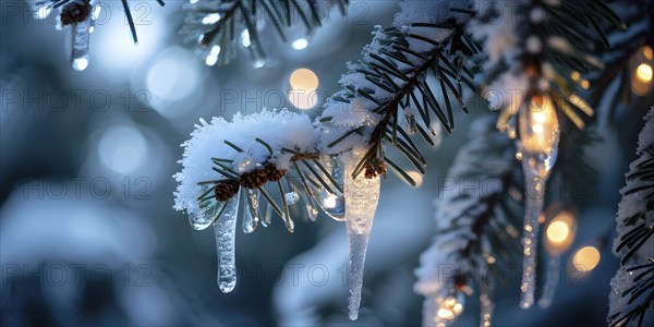 Detailed shot of frosted pine branches with twinkling fairy lights and icicles hanging, creating a