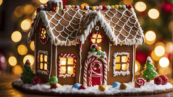 Gingerbread house decorations, focusing on the intricate icing details, colorful candy, and soft,