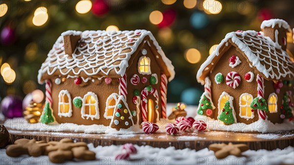 Gingerbread house decorations, focusing on the intricate icing details, colorful candy, and soft,