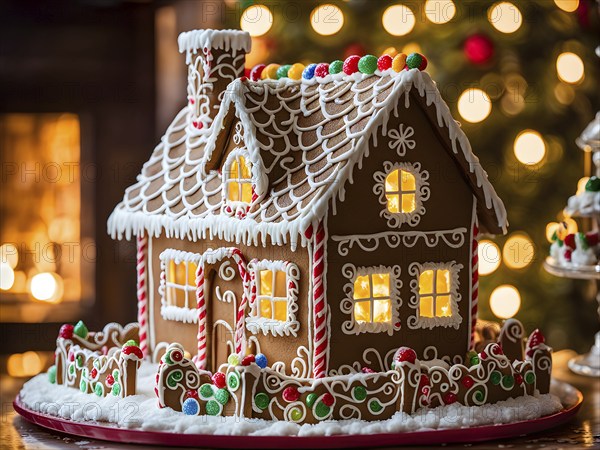 Gingerbread house decorations, focusing on the intricate icing details, colorful candy, and soft,