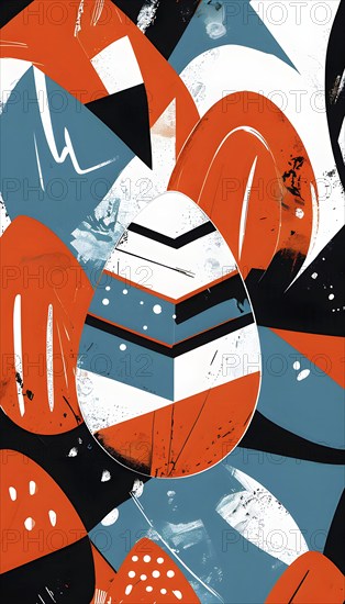 Illustration of an abstract Easter egg design with geometric patterns, bold colors, and a mix of