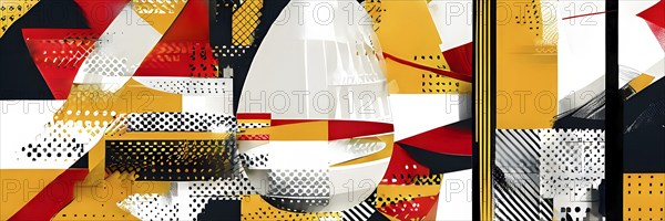 Illustration of an abstract Easter egg design with geometric patterns, bold colors, and a mix of