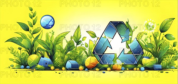 Recycling symbol morphing into growing plants and solar cells to symbolize the transformation of