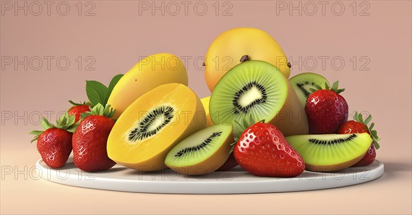 Colorful and artfully arranged slices of fruits like mangoes, strawberries, and kiwi, AI generated
