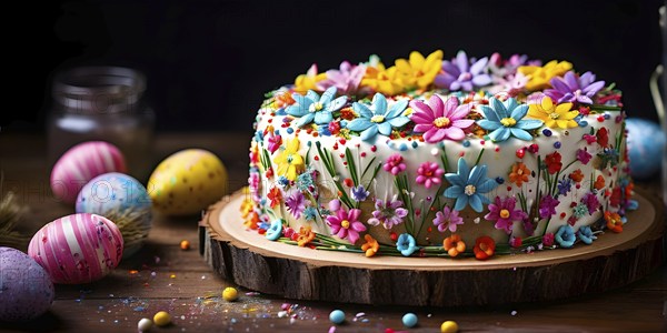 Decorated Easter cake with intricate icing flowers and colorful sprinkles, placed on a rustic