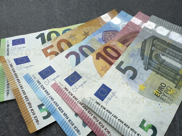 Symbol photo Cash Banknotes euro banknotes lying fanned out on top of each other, Germany, Europe