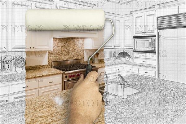 Before and after of man painting roller to reveal custom kitchen photograph under pencil sketch