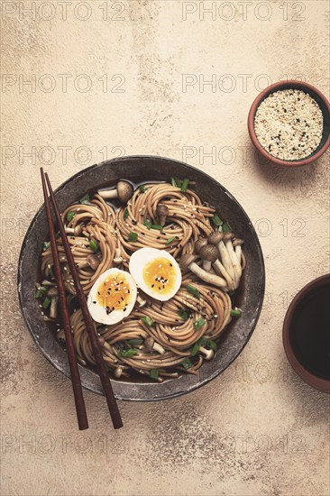 Buckwheat noodles, soba, with shimeji mushrooms, boiled egg, green onion, homemade, no people