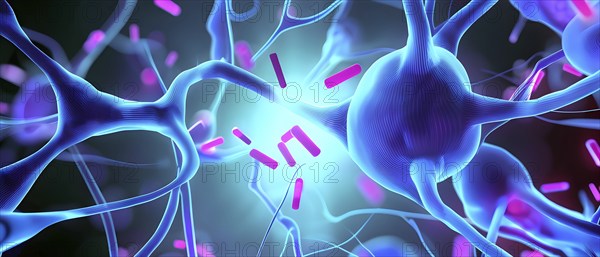 Visualization of neurons firing neurotransmitters in the synaptic gap, AI generated