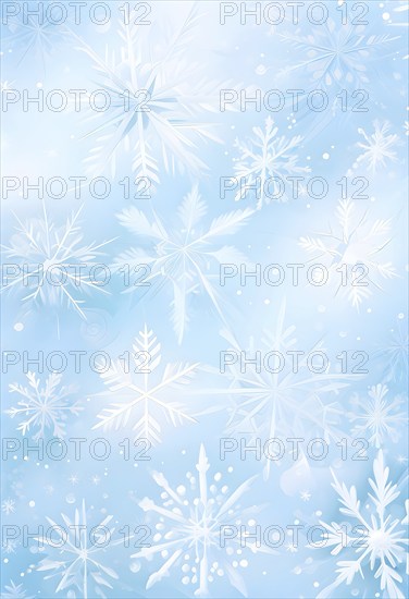 Abstract pattern of snowflakes in varying sizes and shapes in soft white and blue gradients, AI