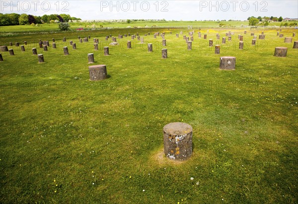 Concrete marker posts identify the position of wooden posts at Neolithic Woodhenge site at