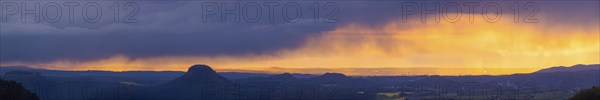 View from the Carolafelsen over Pirna to Dresden. Sunset and rain showers, Bad Schandau, Saxony,