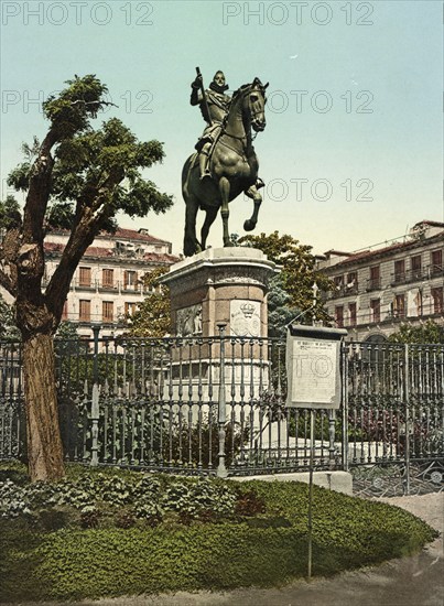 Monumento de Felipe III, Madrid, Spain, c. 1890, Historical, digitally restored reproduction from a