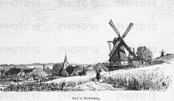 Village in Mecklenburg-Western Pomerania, Germany, rural idyll, windmills, church, fields,