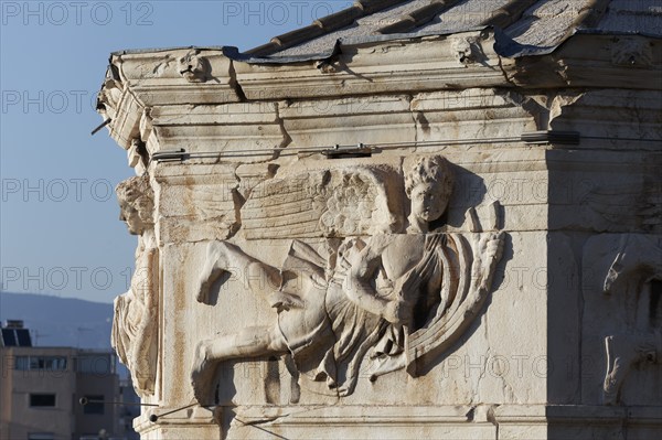 Wind god Lips, south-west wind, relief on the Tower of the Winds, Roman Agora, Athens, Greece,
