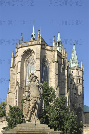 Minerva fountain with sculpture and lance and Gothic UNESCO cathedral, Minerva, Roman goddess,