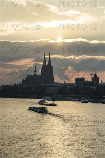 The Rhine near Cologne, sunset, Cologne Cathedral, cargo ship, North Rhine-Westphalia, Germany,