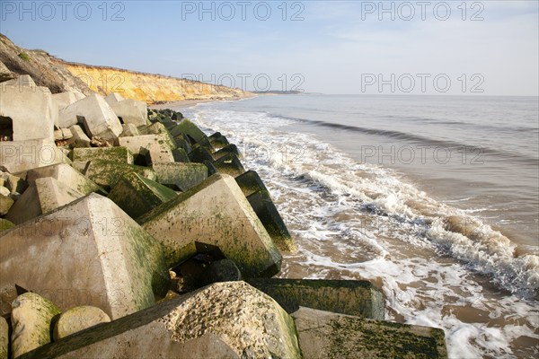 Concrete rectangular blocks protecting soft cliffs coastal defences at Easton Bavents, Southwold,