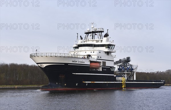 Offshore wind farm supply ship Deep Cygnus in the Kiel Canal, Schleswig-Holstein, Germany, Europe