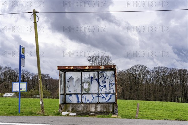 Old, dilapidated bus shelter on a country road, B 483, near Radevormwalde Landwehr, bus route 339,