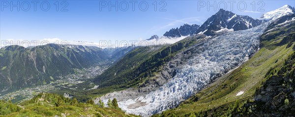 Panorama, mountain landscape with glacier Glacier des Bossons and summit of the Aiguille du Midi,