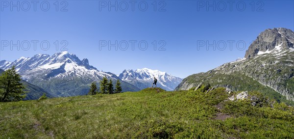 Mountaineer in front of a mountain panorama with glaciated mountain peaks, Aiguille Verte with