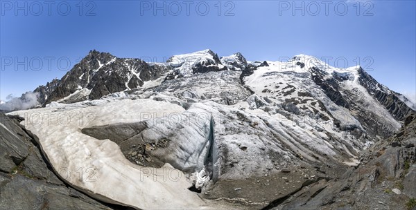 High alpine glaciated mountain landscape, La Jonction, Glacier des Bossons meets Glacier de