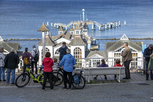 The pier of Sellin, 394 metres long, with restaurant, jetty, tourists, island of Rügen,