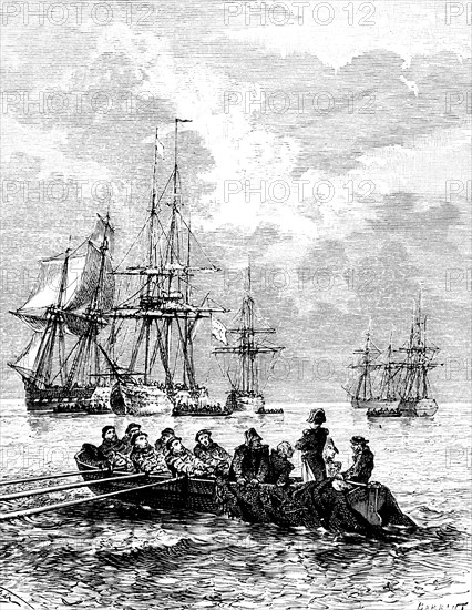 Landing of Napoleon in the Gulf of Juan, secret return from Elba, three-master, rowing boat, rower,
